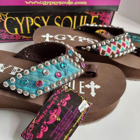 New Gypsy Soule Flip Flop Sandals Swarovski Crystals Sz 10 Brown Blue Aztec Box - Picture 5 of 16